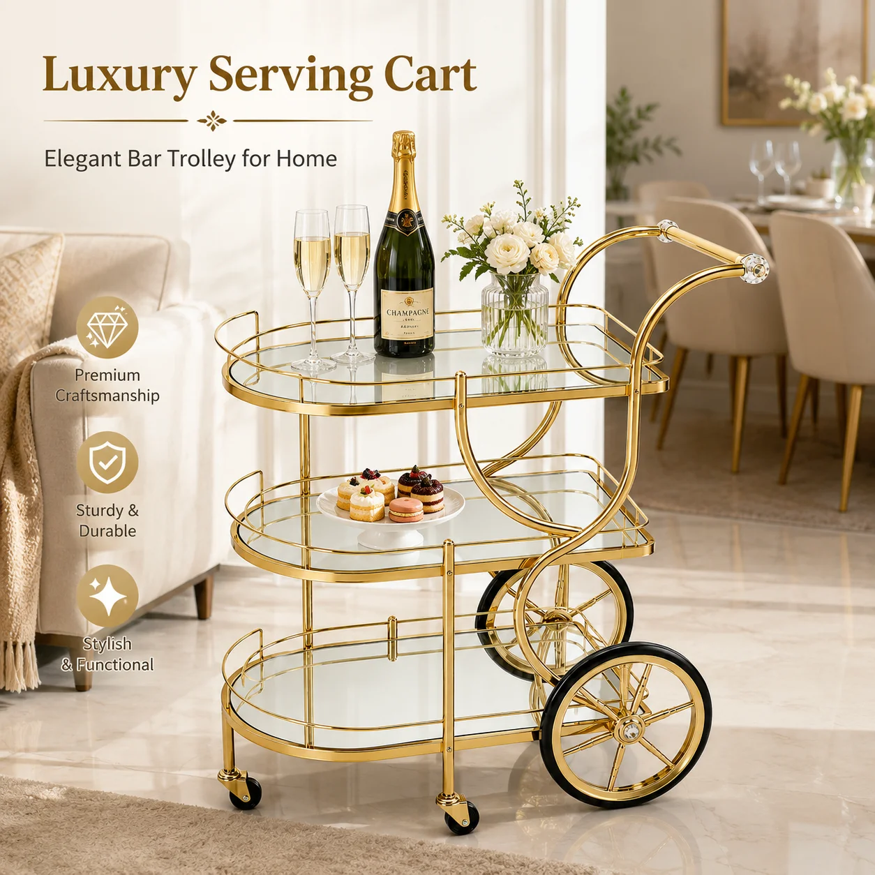 Gold Serving Cart with Wheels, Luxury Bar Trolley with Mirror Glass Shelves, Mobile Drinks Dessert Storage Cart