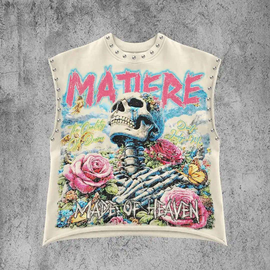 Y2K Hip-Hop Streetwear, lockeres ärmelloses Herren-Sommer-Tanktop, modisches Retro-T-Shirt mit amerikanischem Graffiti-Print und lässigem Nieten-Design, hehe – Detail 1