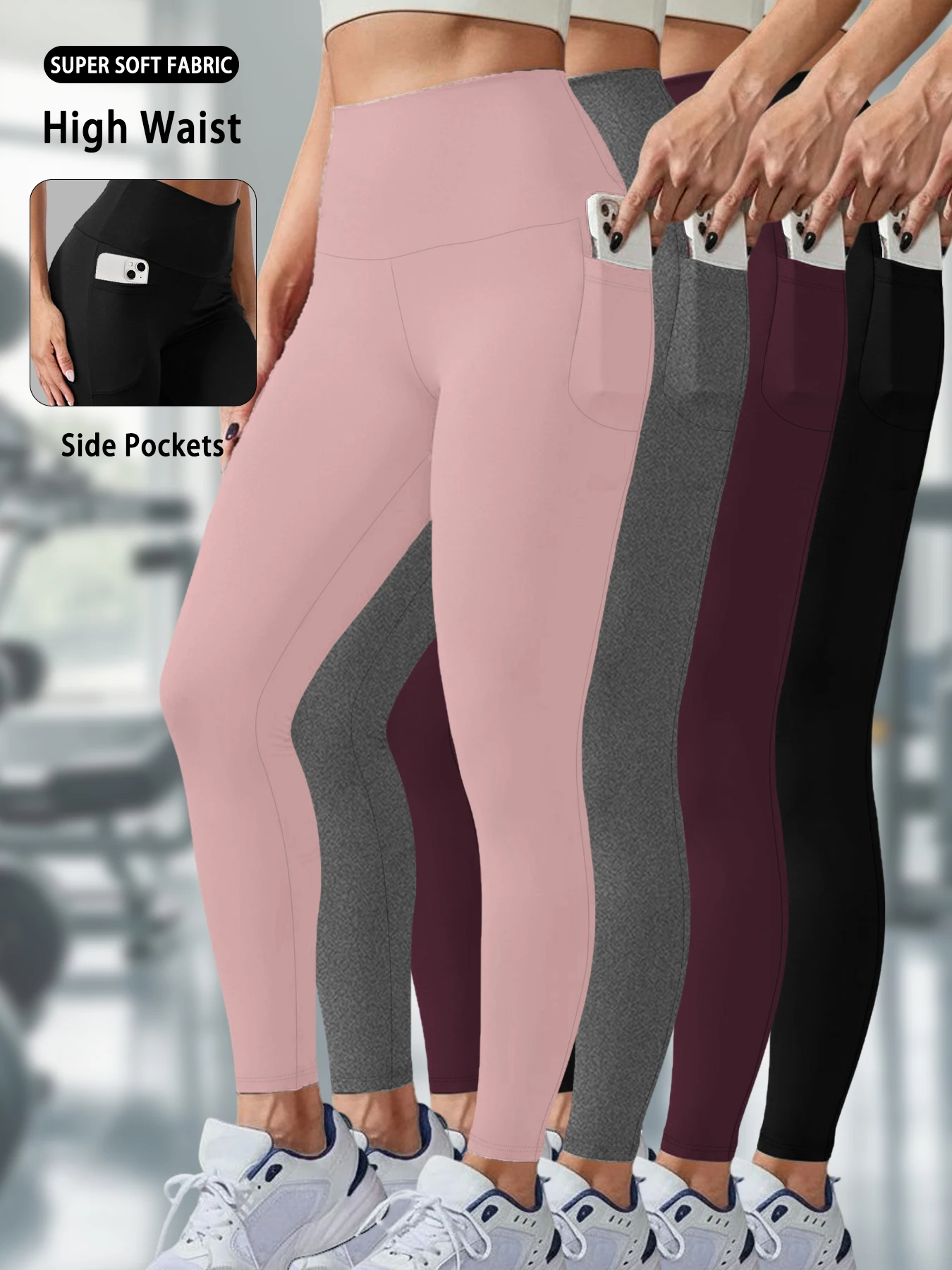 

4 пары супермягких леггинсов с карманами для женщин, леггинсы с высокой талией для тренировок, йоги и бега, с эффектом утягивания живота