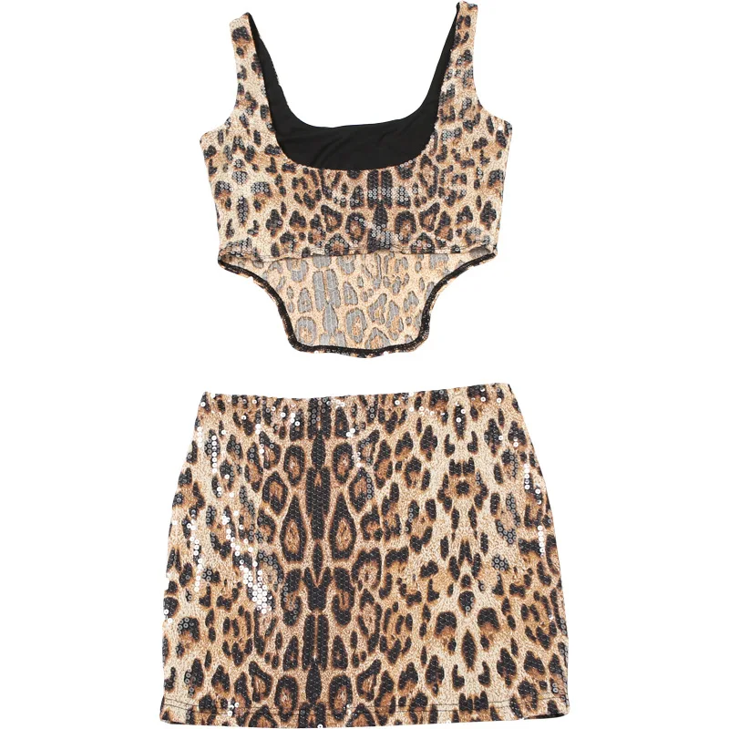 Leopard Print Sequins Two Piece Set Women Sexy U-neck Sleeveless Backless Irregular Tank Crop Tops + Mini Skirts Party Clubwear