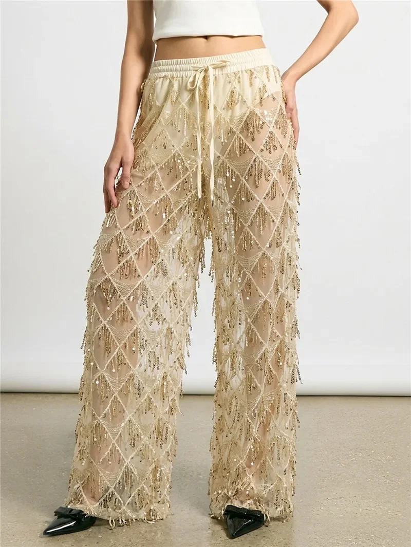 Sheer Mesh Sequin Fringe Wide Leg Pants Drawstring Elastic Waist See Through Beach Cover Up Palazzo Pants Party Clubwear
