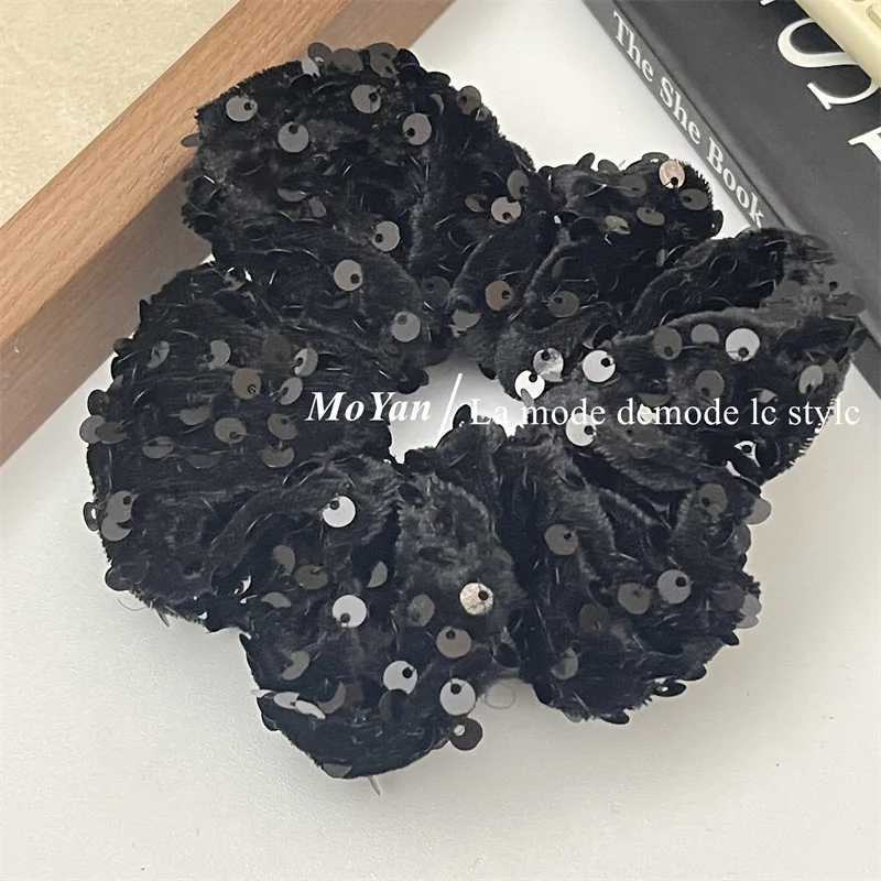 Velvet Sequin Hair Scrunchies For Women Black Hairband Girls Head Rope High Ponytail Durable Loop Hair Accessories