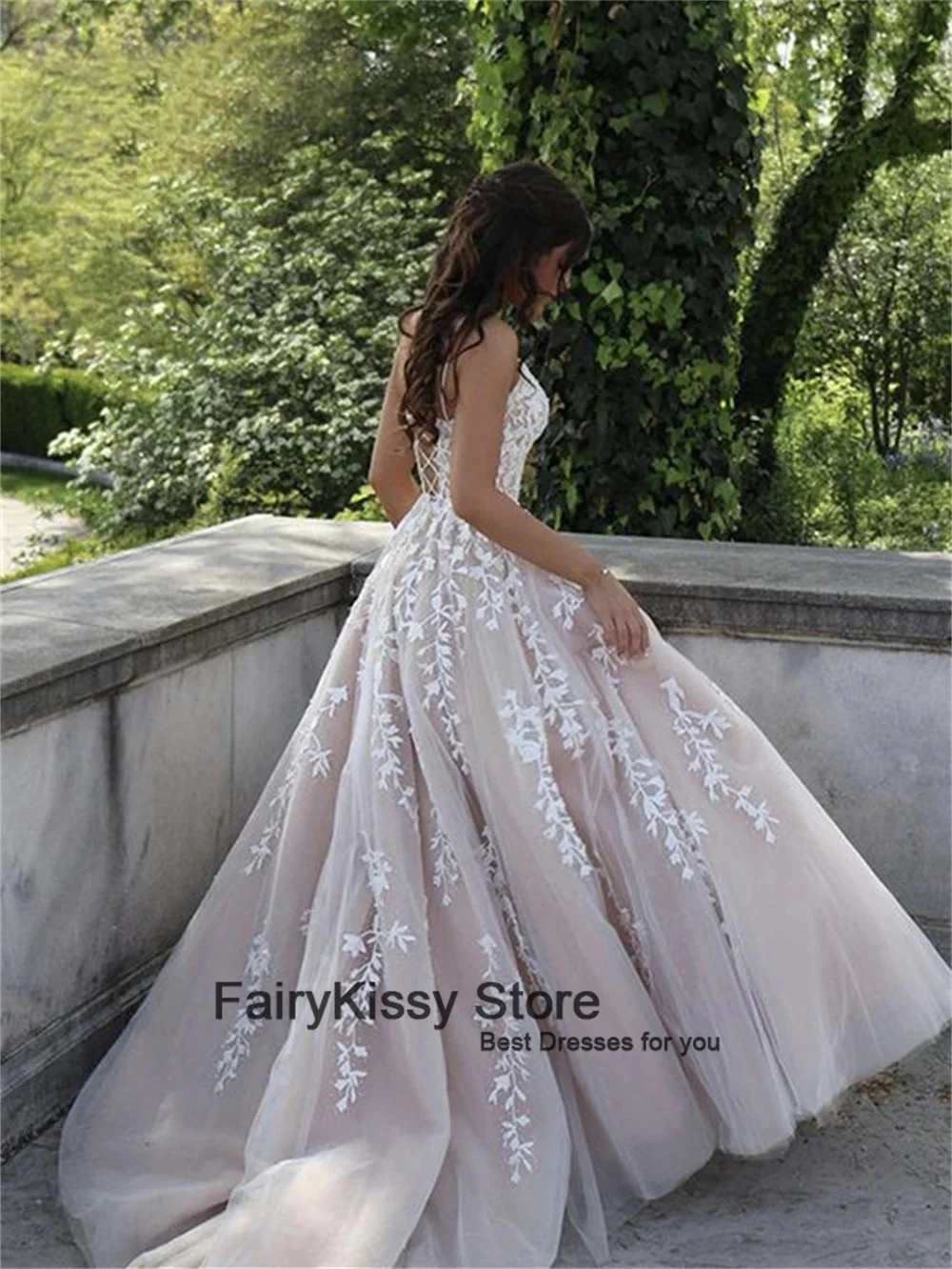 FairyKissy Champagne Lining Women Wedding Dresses Vintage Spaghetti Straps Appliques A Line Tulle Bridal Gown Custom Made