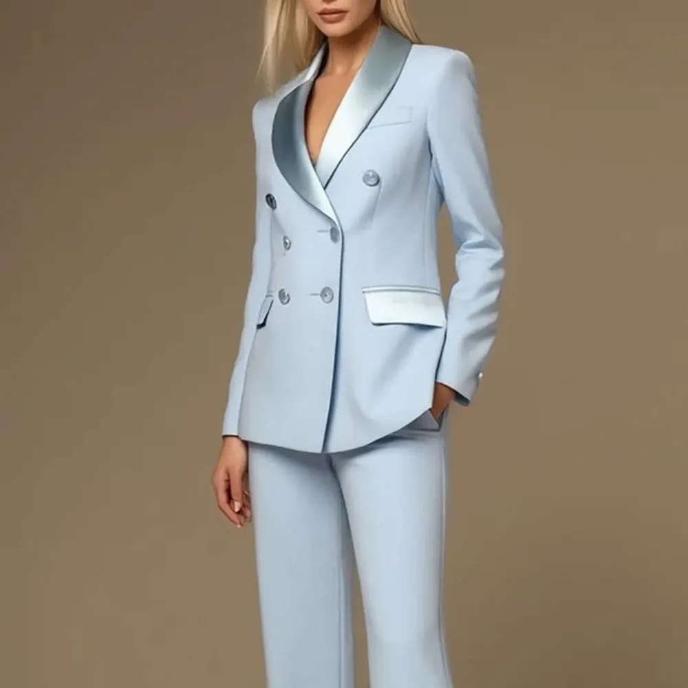 Fashion Light Blue Women's Two Pieces Suit Set with Double Breasted Jacket Pant Fit Office Banquet Daily Life Female Clothing