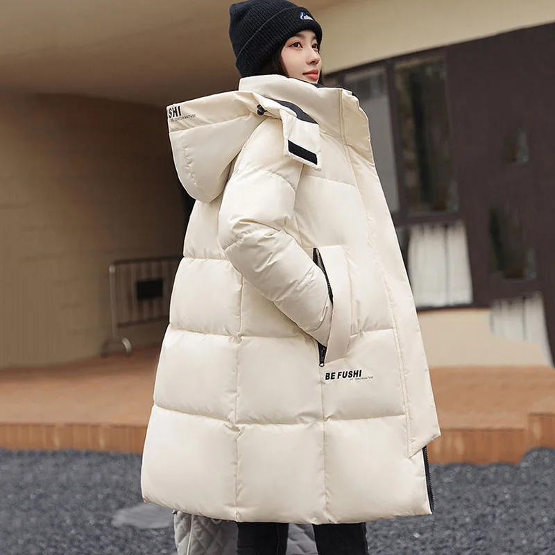 

New Women Winter Long Down Cotton Jacket Korean Female Solid Warm Hooded Parka Overcoat Zipper Casual Snow Wear Coat Oversized