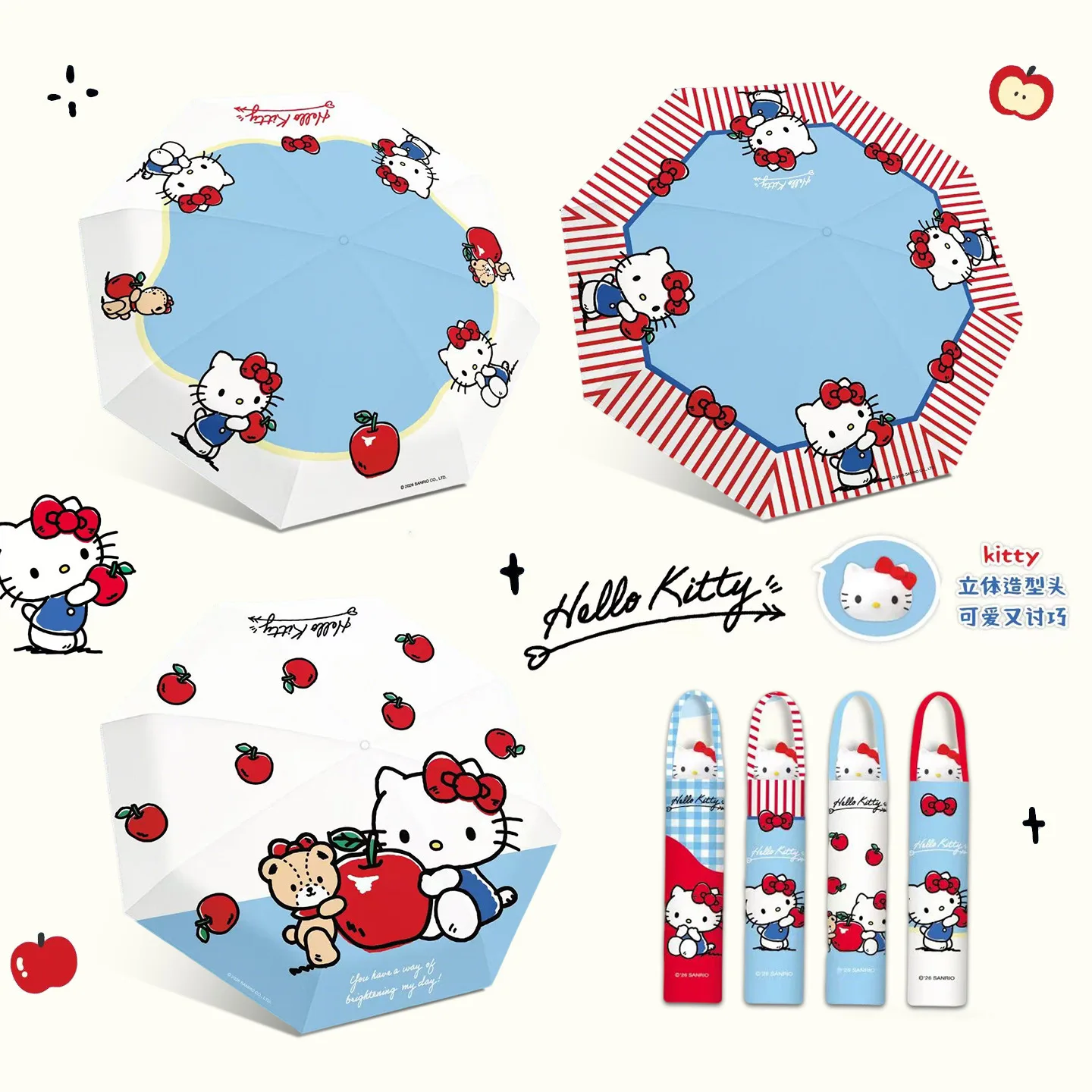 Guarda-chuva Dobrável 3D Hello Kitty, Guarda-chuva Portátil de Vinil Preto com Desenho Animado Fofo, Para Sol e Chuva, Adequado para Mulheres e Estudantes