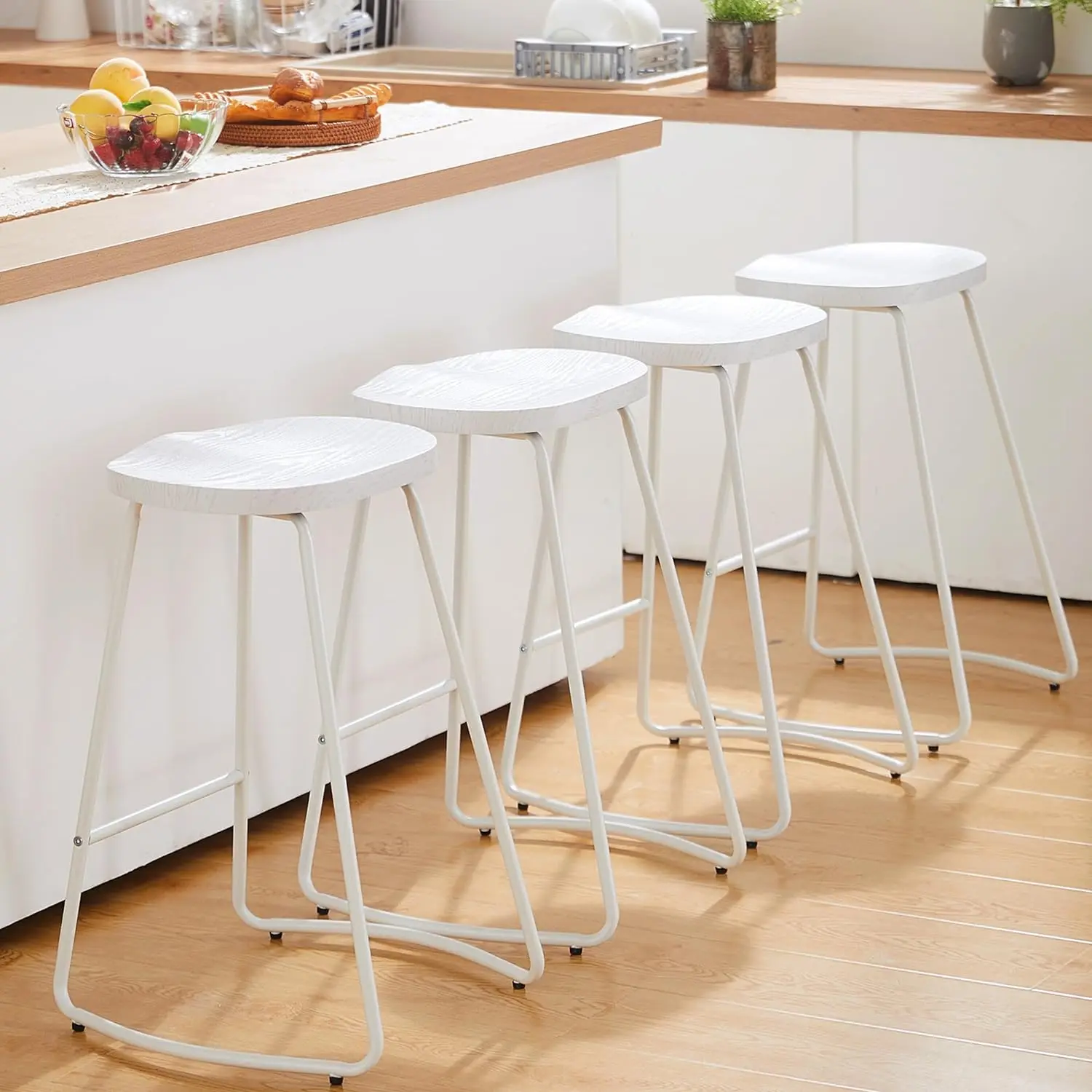 Bar Stools, Saddle Seat Bar Stools with Metal Legs, Rustic Backless Counter Height Stools, Industrial Wood Counter Stools