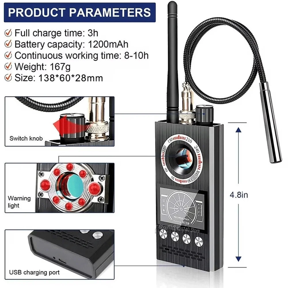 K68 Wireless Detector Wifi Camera GSM Audio Bug Finder GPS Signal Lens RF Tracker Detect Multi-function Anti Spy Camera Scanner