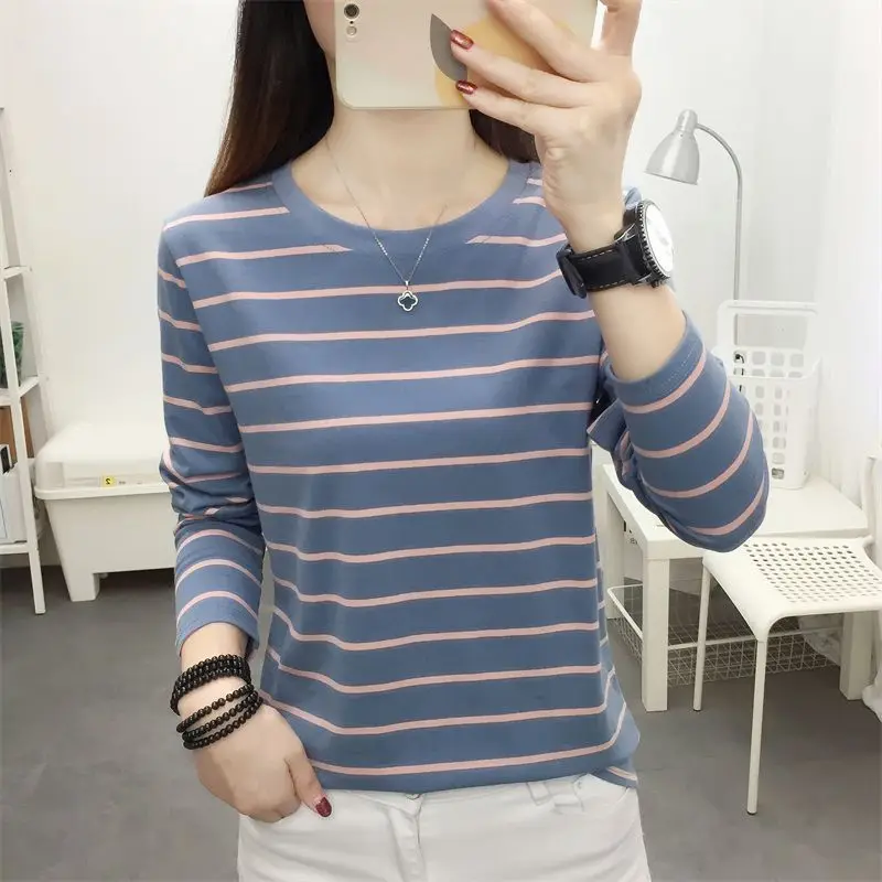 New Simplicity Long Sleeve Pullovers Spring Autumn O-neck Tops Striped Women Clothing Printing Ladies Undercoat Casual T-Shirts