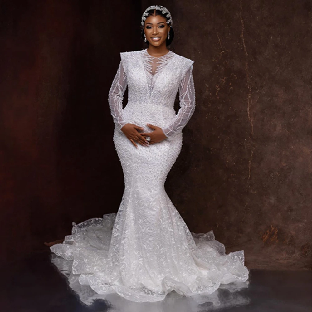 

Customized O- Neck Shinny Beads Pearls Mermaid Bridal Dress Vestidos De Novia African Full Sleeves Luxury Wedding Gowns