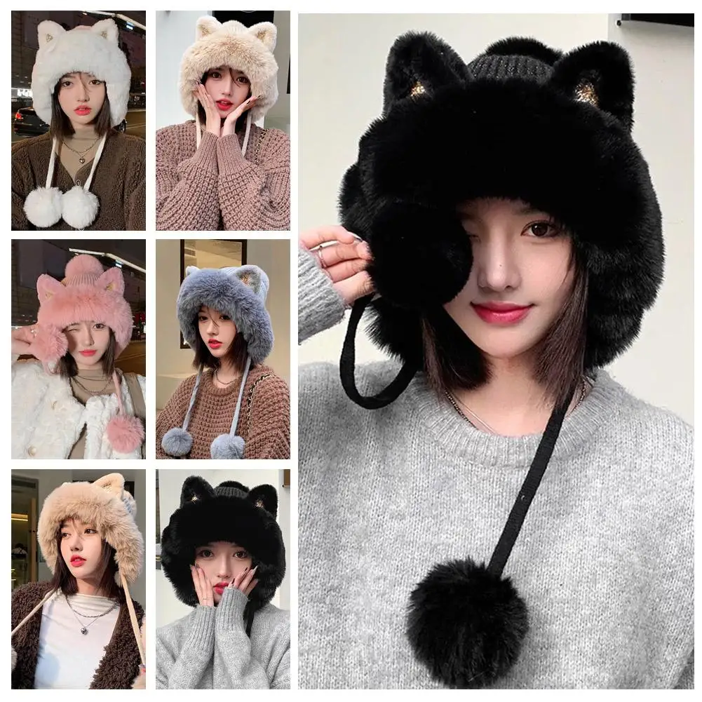 Winter Cute Warm Knitted Hats For Women Cartoon 's Ears Two Balls Earflap Cap Plush Fluffy Thicken Warm Fur Beanie Hat F K2e7