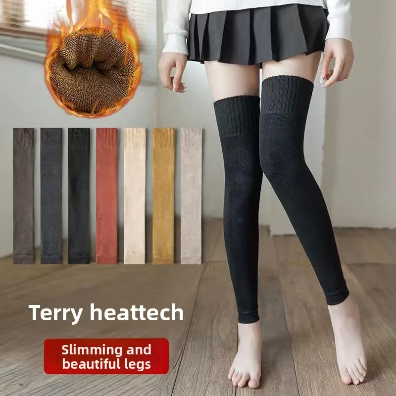 ถุงเท้ายาวแบบหนาพิเศษสำหรับฤดูหนาว ป้องกันข้อเข่า อุ่นสบาย ไม่ลื่น ผลิตจากผ้าเทอร์รี่ฟลีซ ถุงเท้ารัดน่อง