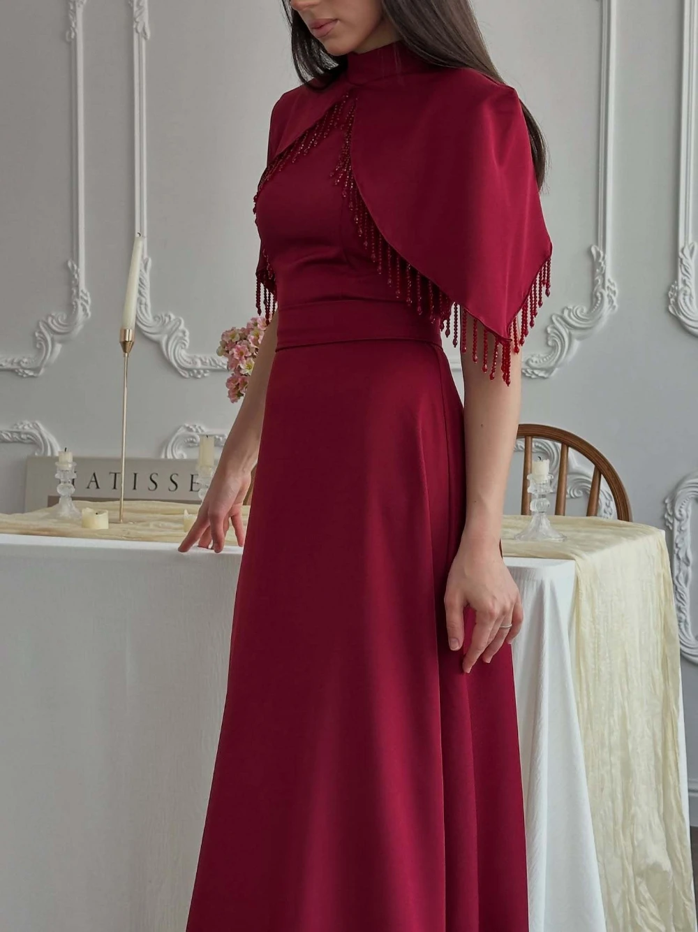 مأدبة رسمية حمراء خط أنيق فستان حفلة موسيقية خمر شرابة ثوب مسائي جميل للنساء فساتين الحفلات المتدفقة النبيلة