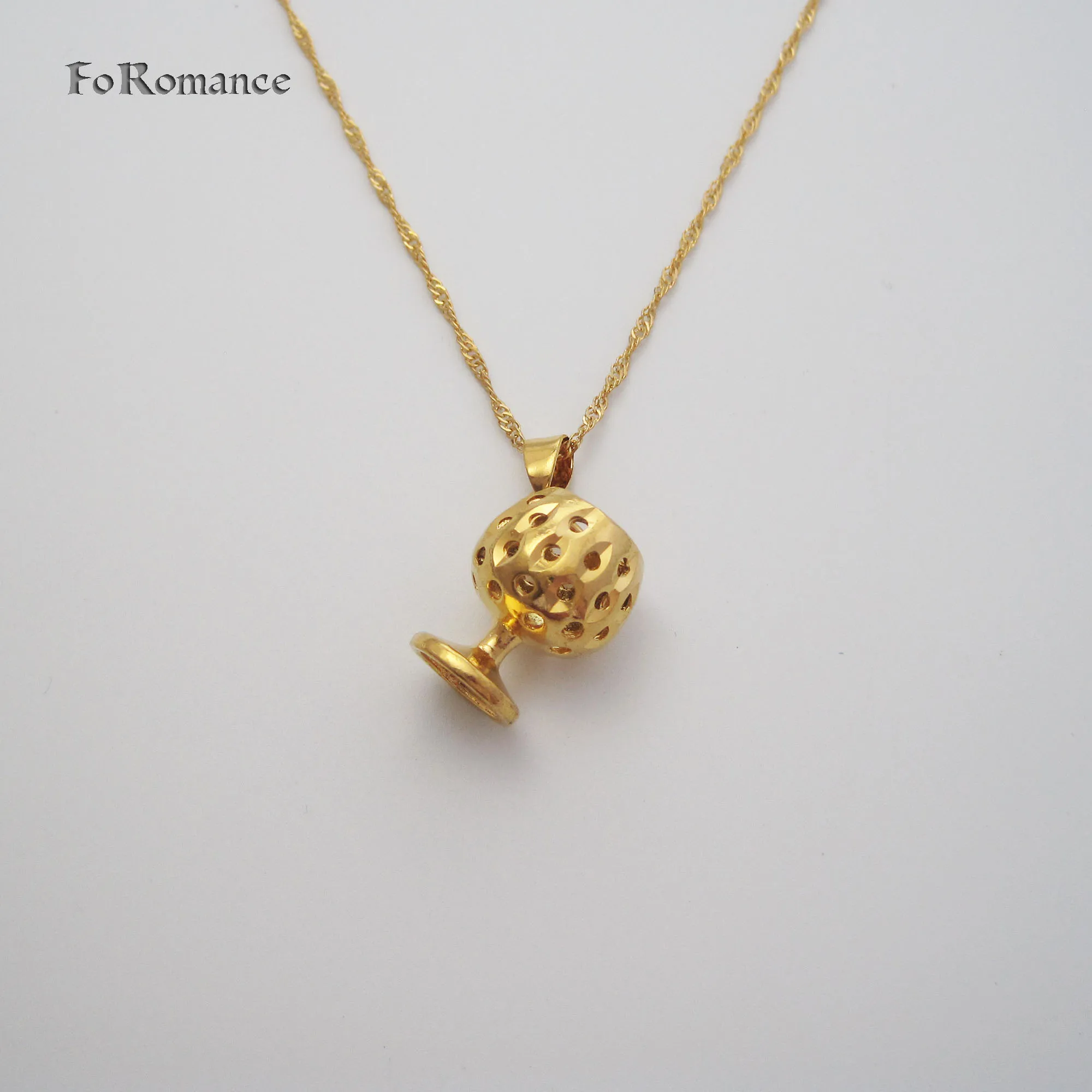 YELLOW GOLD PLATED 18INCH WATER WAVE NECKLACE CARVED HOLES WISKEY WINE CUP SHAPE PENDANT GREAT DESIGN