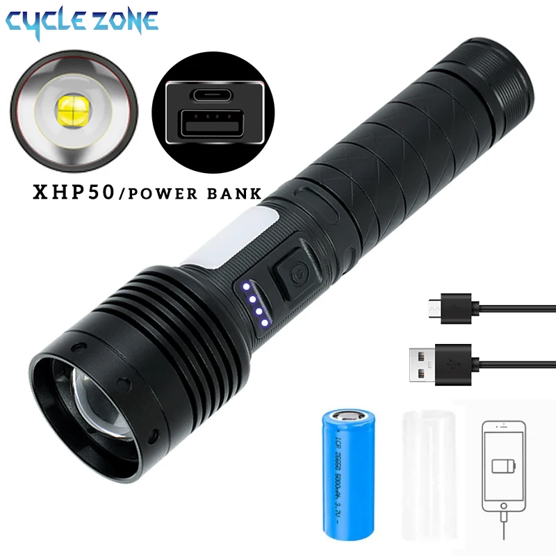 

Rechargeable Xhp50 Flashlight 18650 Battery Torch 7 Light Mode Power Bank Camping Lamp Hunting Tactics High Power Led Flashlight