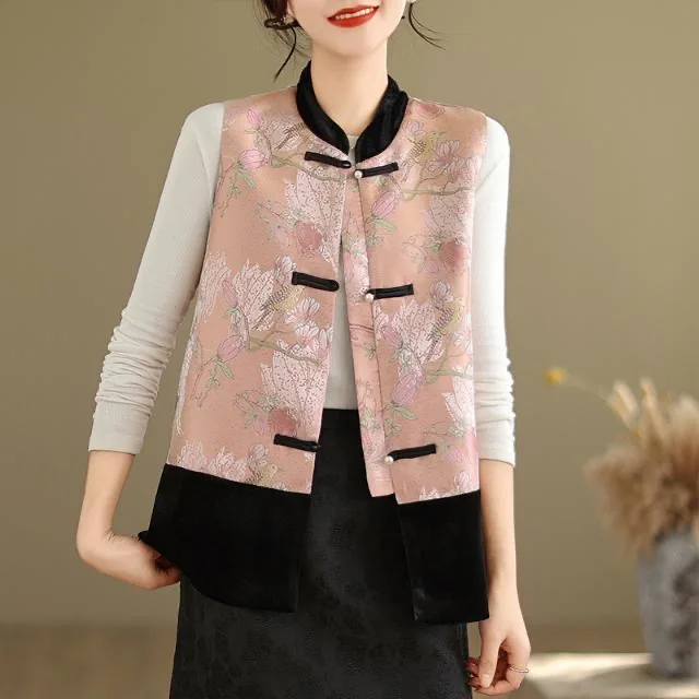 2024 chinese vintage gilet national flower print satin patchwork vest retro stand collar sleeveless jacket ethnic waistcoat vest