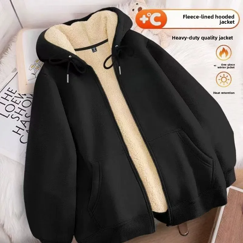 Ladies Fleece Lined Oversized Hooded Cardigan Thickened Autumn Winter Warm Casual Style Outerwear Zipper Design Polyester Fabric