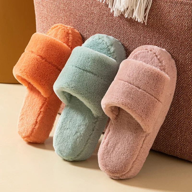 

Women Faux Fur Slippers Open Toe Autumn Winter Platform House Shoes Thick Sole Soft Plush Anti-slip Girls Indoor Fluffy Slides