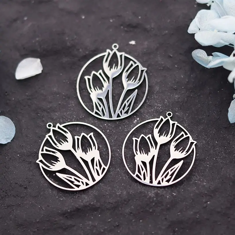 Breloques tulipes Vintage, ligne d'art, pendentif en acier inoxydable, bricolage, boucles d'oreilles artisanales, collier, fabrication de bijoux, accessoire de fleur de plante, 3 pièces/lot