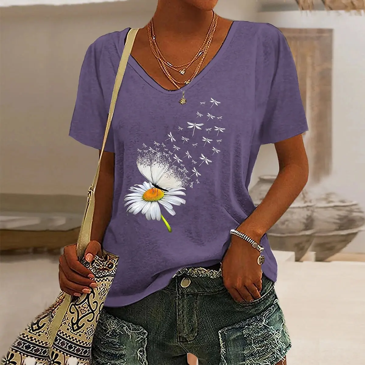 T-shirt da donna Farfalla Dente di leone Stampa grafica a maniche corte con scollo a V Y2k Moda Casual Street Abbigliamento estivo oversize