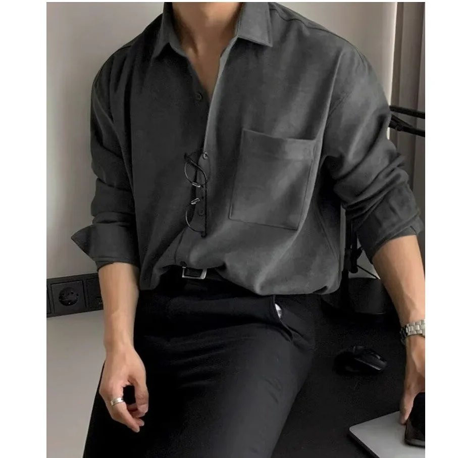 ملابس رجالية كاجوال كورية عتيقة بأزرار وياقة مقلوبة وأكمام طويلة بلون سادة ملابس فاخرة مميزة جديدة