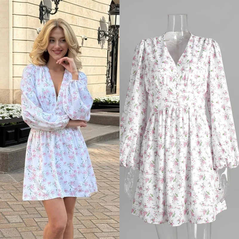 

Vintage French Floral Long Sleeve Dress Lace-Trimmed Deep V Empire Waist Dress Women's Tiered Sleeve Corset Belted Midi Dress