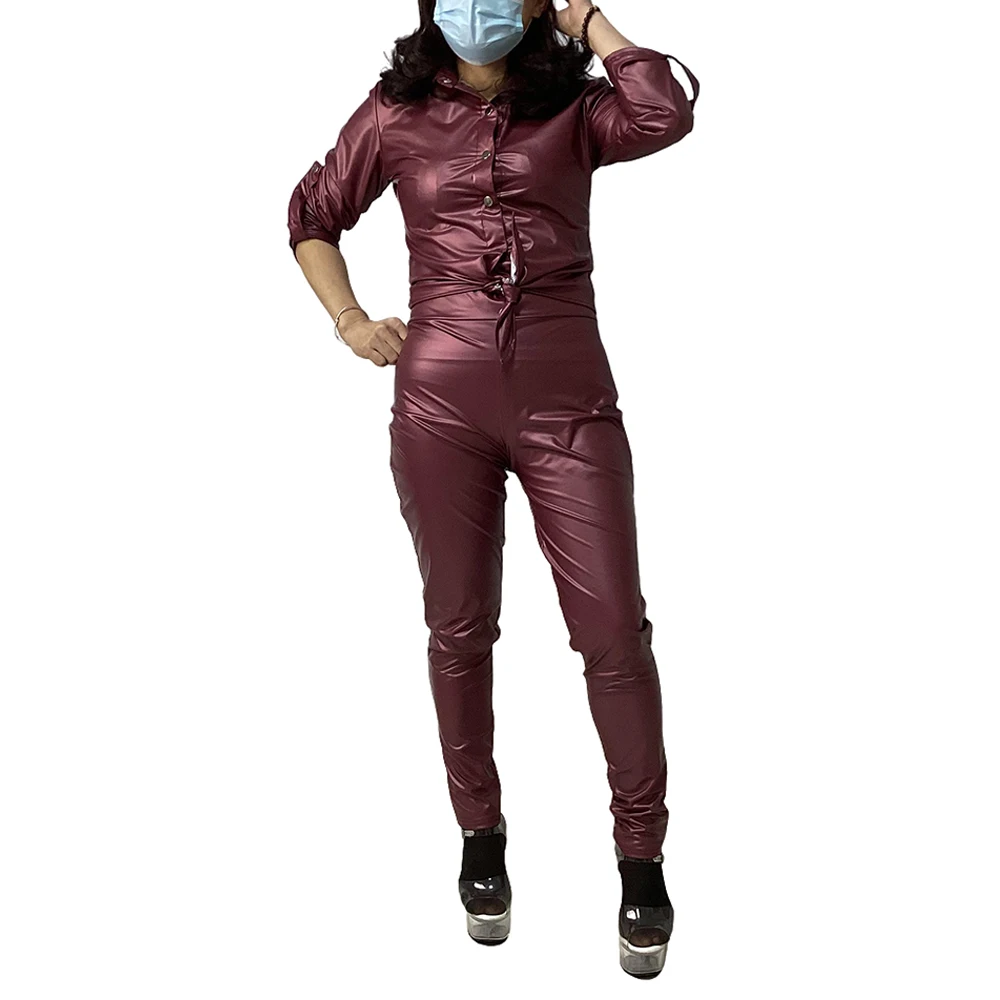 PU Leather Two-Piece Sets for Women, Lapel Button, Long Sleeve Shirt,Top and Pants Outfits, Sexy Streetwear, Large Size, Fashion