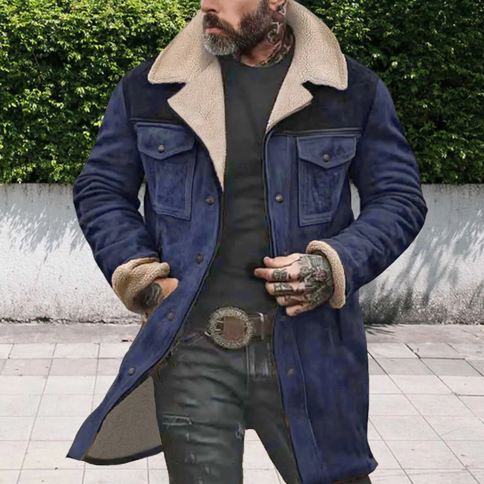 Men Suede Jacket Plush Lapel Vintage Multi Pockets Cargo Jacket Zipper Up Mid-length Motorcycle Coat Velvet Fabric Winter Coat