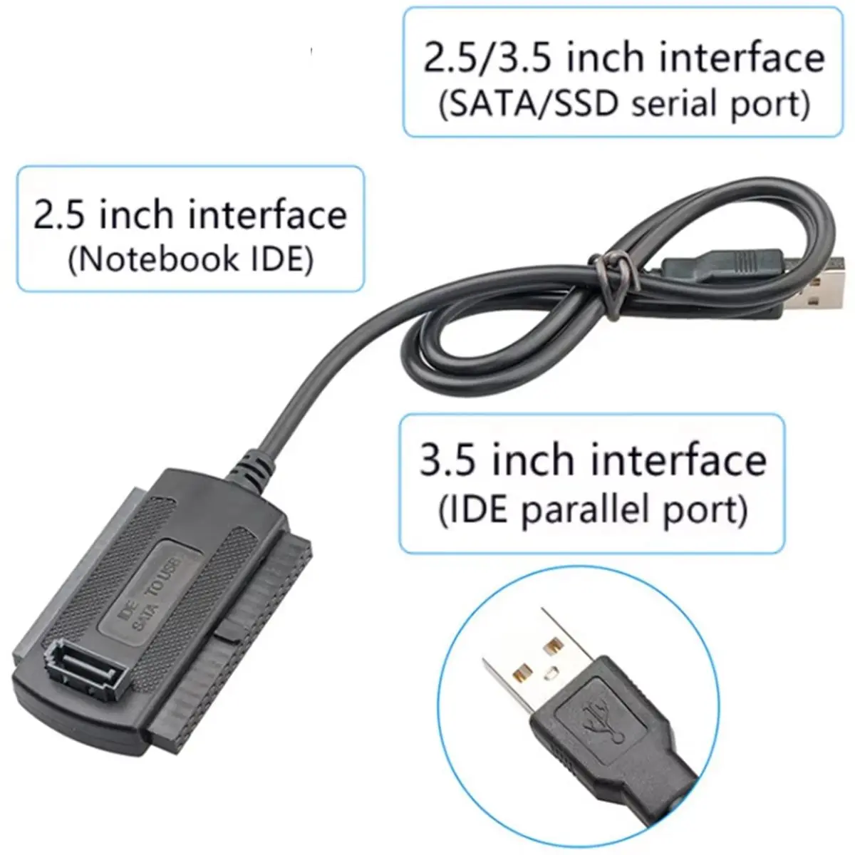 ABIU USB to SATA IDE Cable 3-in-1 USB 2.0 to 2.5/3.5/5.25 Inch IDE SATA to USB Converter Cable for CR-ROM DVD-ROM CD-RW