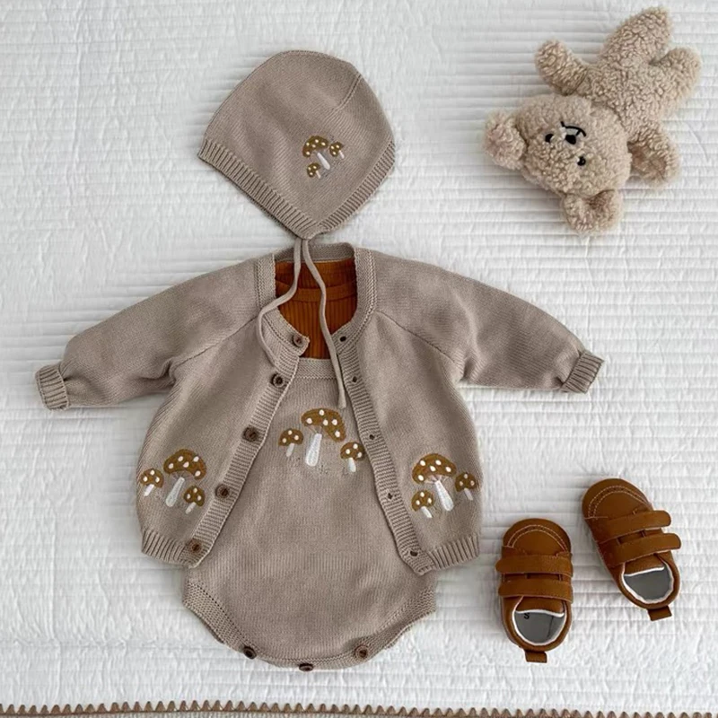 Ropa de punto para niña pequeña, conjunto de ropa para niña pequeña, cárdigan de punto con setas bordadas, mono y sombrero, 3 uds.