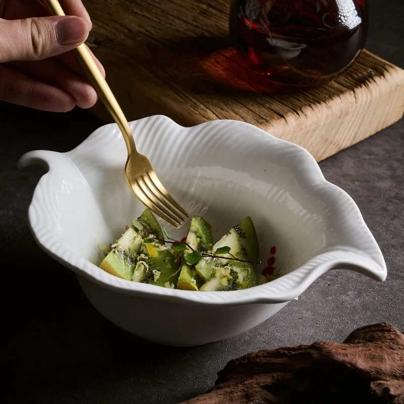 

Household 8-inch banana leaf bowl relief bowl rice bowl Japanese special-shaped binaural white porcelain