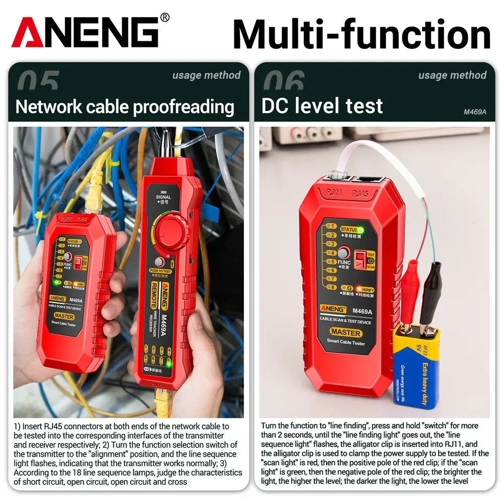 ANENG M469A Network Cable Tester  RJ11 RJ45 Network Line Finder Wire Network Cable Proofreading DC Level Test Smart Repair Tools view 3