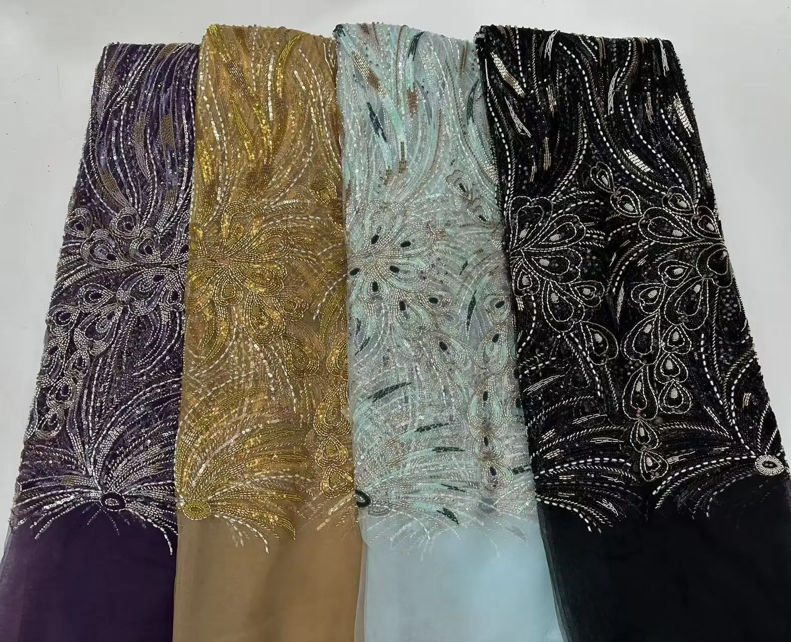 Luxury Exquisite African Beaded Lace Fabric 2025 Nigerian French Sequin Tulle Lace Fabric for Party Dress Sewing 5 Yards TP1564