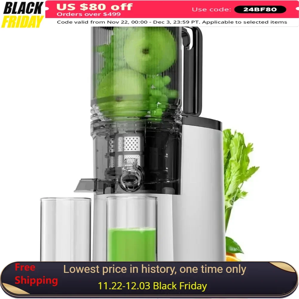 Cold Press Juicer, 5.4" Large Feed Chute Fit, 99% High Juice Yield & Easy To Assemble & Automatic Safety Senso, Juicer