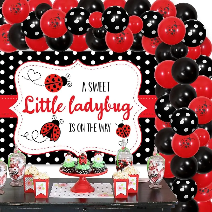 Ladybird Baby Shower Decorations, Ladybug Balloon Arch Kit, Red and Black, A Sweet Little Ladybug Is on the Way Backdrop, Girls