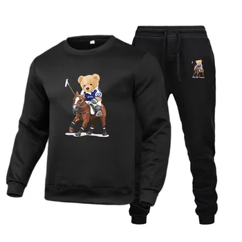 Tute stampate con orso Set da 2 pezzi da uomo tuta invernale da uomo tute calde felpe pantaloni sportivi streetwear set da jogging