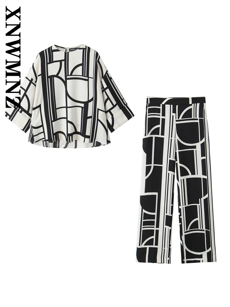 

XNWMNZ 2024 Autumn Lady Casual Leisure suit Blouses Fashion Woman O-Collar Long Sleeve Jumper Print Pantsuit Two-piece Striped