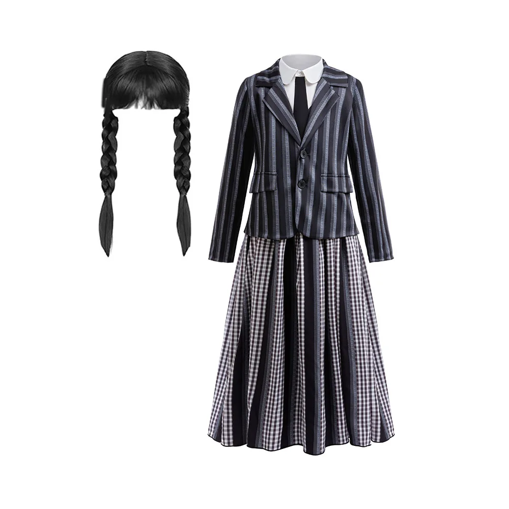 

Black party Set Costume for Girls coat t-shirt skirt 4pcs Outfit Birthdays Halloween Cosplay Dress Up 2-12 Years Girls with wigs