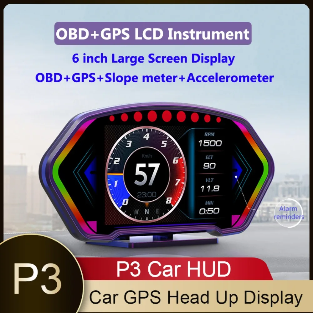 

P3 дисплей на лобовом стекле OBD GPS цифровой HUD Автомобильный спидометр счетчик наклона скорости будильник умный датчик температуры воды телефон Тахометр