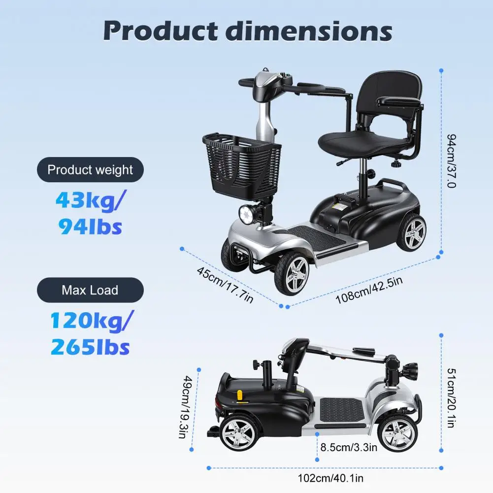 Mobility Scooter with LED Light Basket Charger 4 Wheels Electric Foldable Lightweight 5MPH 7.46 Miles Range for Adults Seniors view 6
