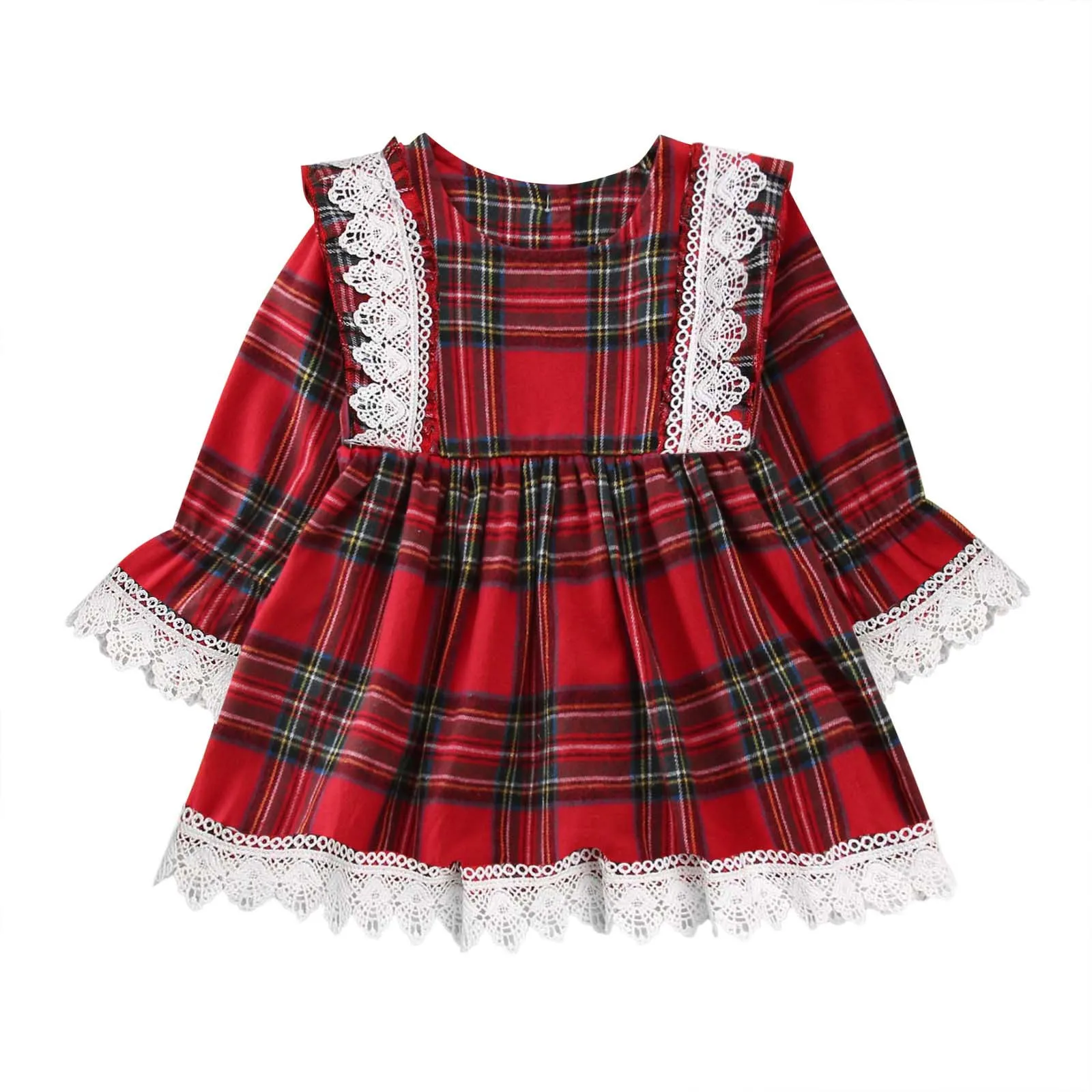 Toddler Girls Christmas Long Sleeve Lace Plaid Prints Princess Dress Xmas Party Dresses Floral Midi Dress