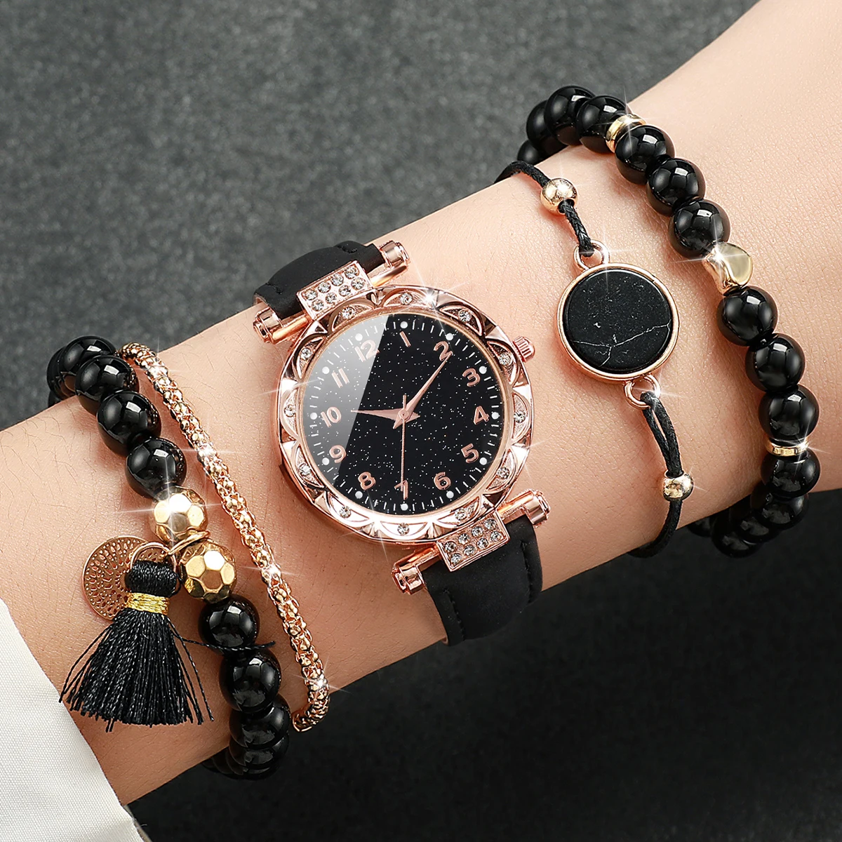 5PCS/Set Women\'s Watch Fashion Rhinestone Leather Band Quartz Watch Beads Bracelets Set(Without Box)