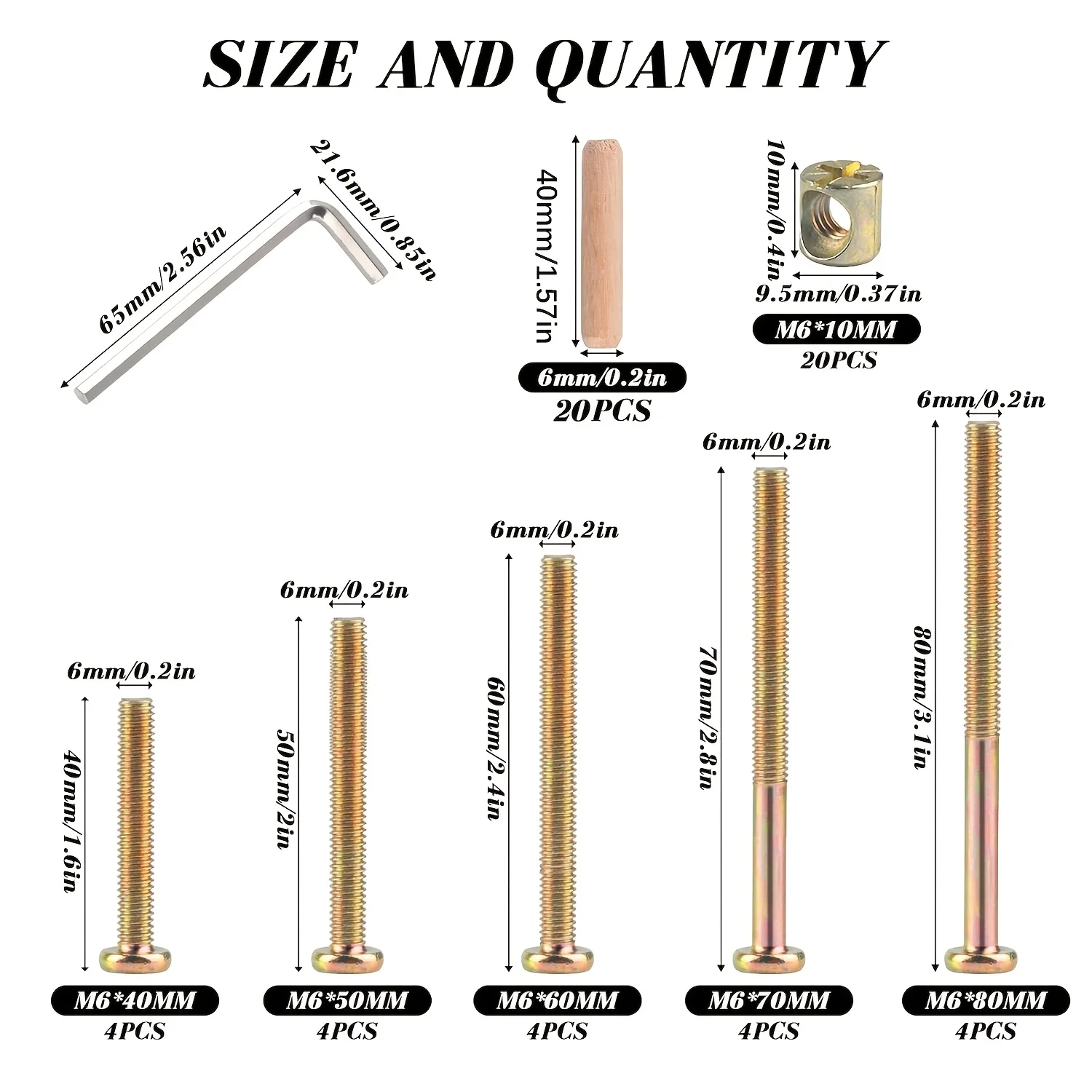 M6x40/50/60/70/80mm baby crib screw combination 20 sets of wooden double bed hardware replacement kit, bolts