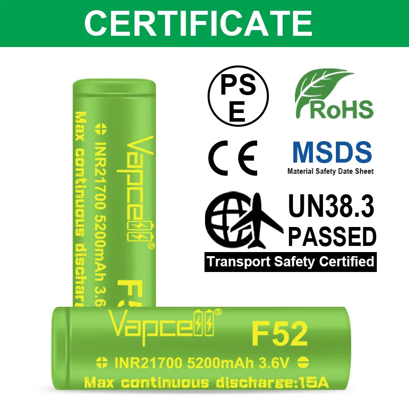 1-10pcs Original Vapcell 21700 F52 Battery 5200mah 15A 3.6V High Capacity INR 21700 Rechargeable Batteries Li-ion Cell