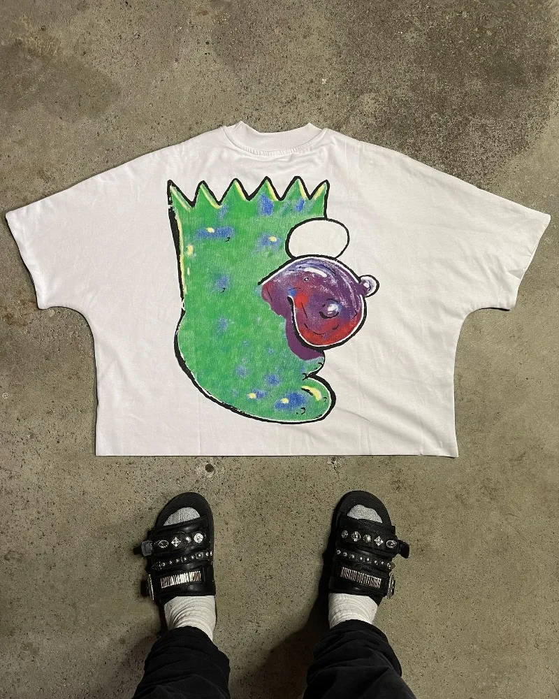 Y2K American vintage cartoon print short sleeve T-shirt Men Harajuku fashion High street couple oversized casual shirt
