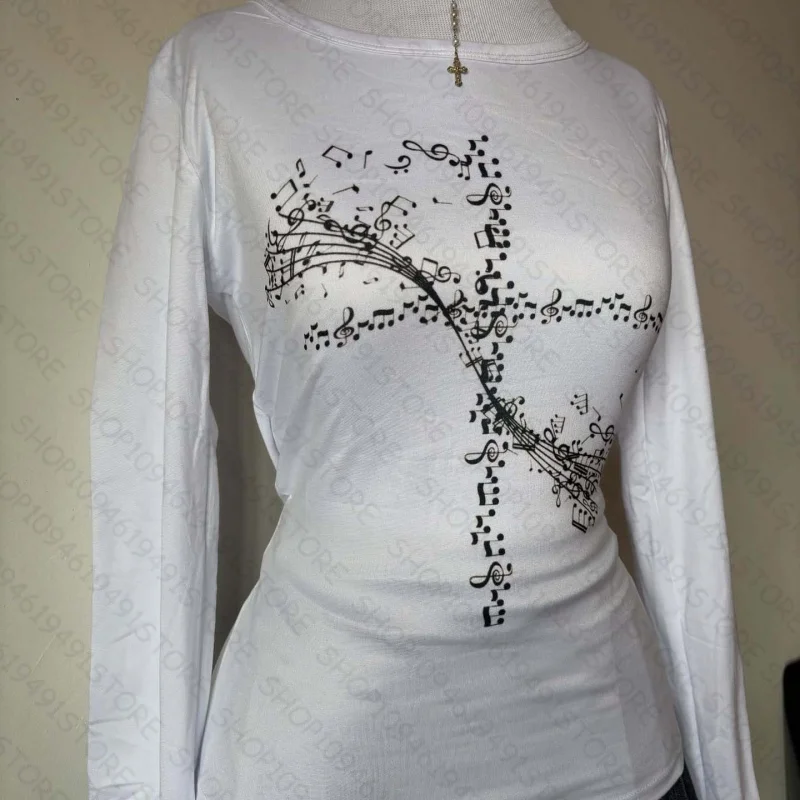 เสื้อยืดแขนยาวสไตล์ Y2K แนวหวานซ่อนเปรี้ยว สำหรับผู้หญิง ลุคแคชชวล กอธิค พังก์ พิมพ์ลาย เสื้อยืดฮาราจูกุ กรันจ์ อีโม