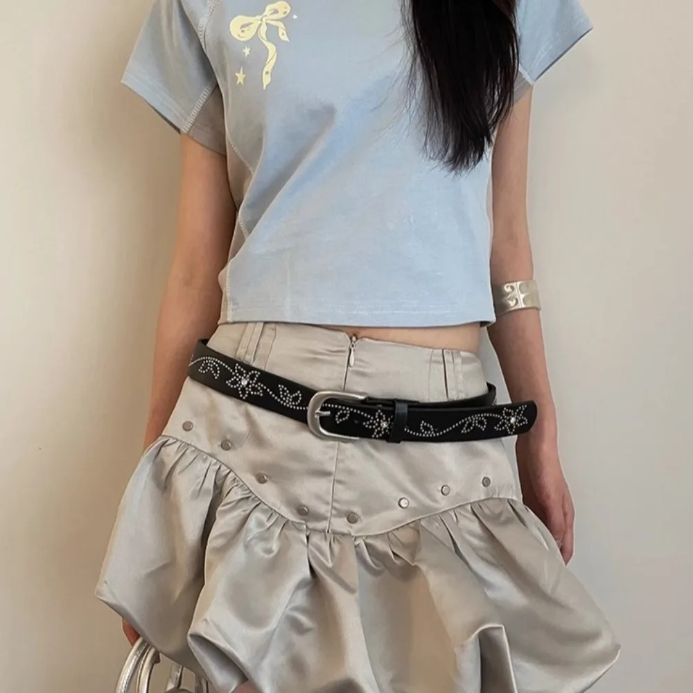 فاسق زهرة حجر الراين حزام Y2K سبيكة برشام حزام الأبيض دبوس مشبك بو الجلود حزام النساء