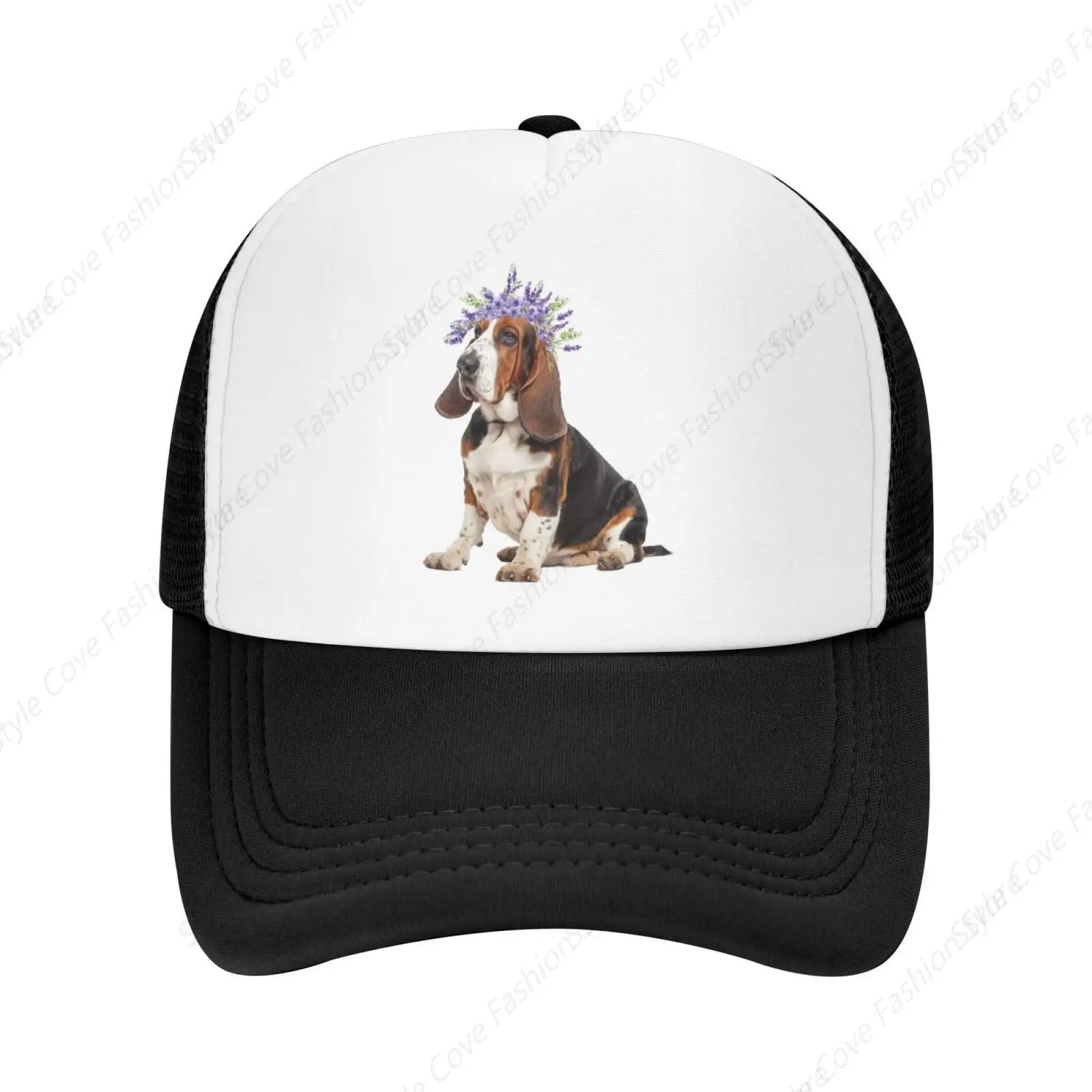 Basset Hound Dog Wear Lavender Flower Mesh Cap Fashion Baseball Hat Breathable Adult Outdoor Mesh Hat Travelling Sun Hat