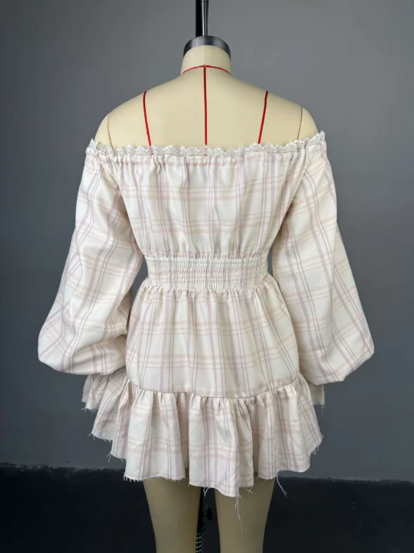 Off Shoulder Lace Up Dress Women Sexy Hollow Out Backless Long Lantern Sleeve Lace A Line Short Dresses 2025 Chic Ladies Robes