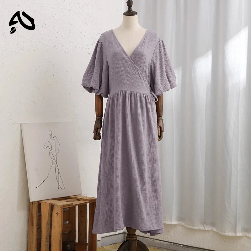 Original Muslin 100% Cotton Gauze Long Dress For Women Sexy V-Neck Sweet Puff Sleeve Bandage Chic Elegant Party Beach Sundress
